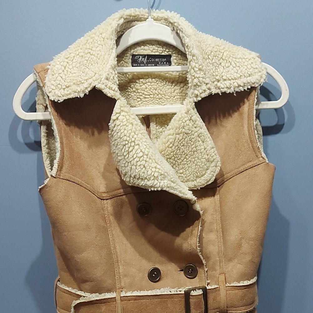 Zara Trafaluc Tan Shearling Vest with Belt